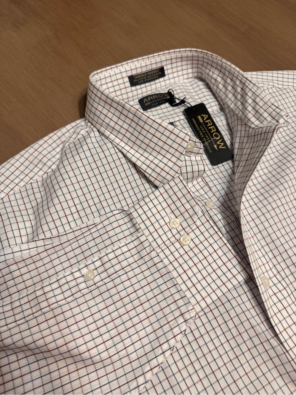 Arrow Fairfield Pinpoint Wrinkle Free Dress Shirt 17 34/35 Check White Blue
